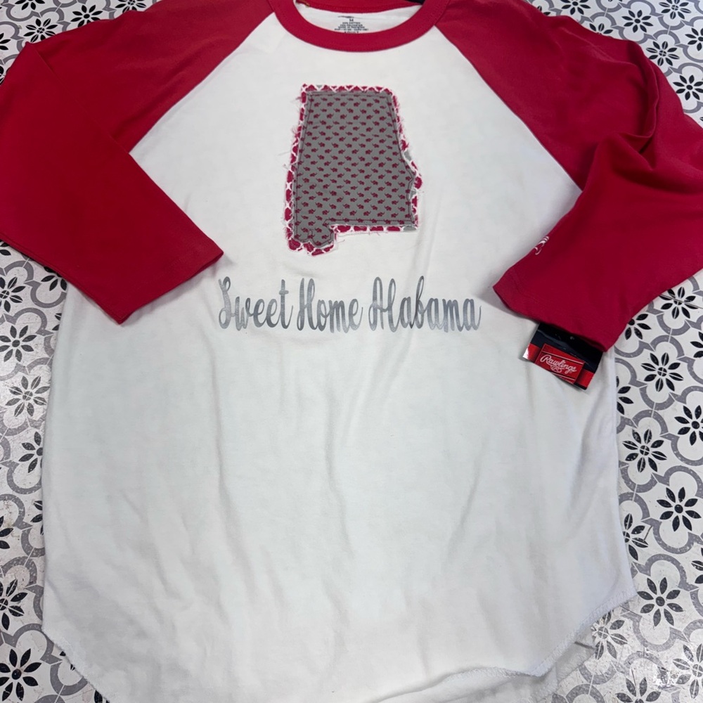 Sweet Home Alabama Distressed Appliqué Rawlings Raglan Shirt-NWT